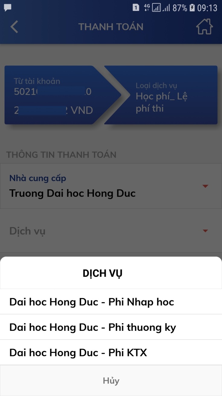 Nộp học phí trên ứng dụng BIDV Smartbanking của trường đại học Hồng Đức